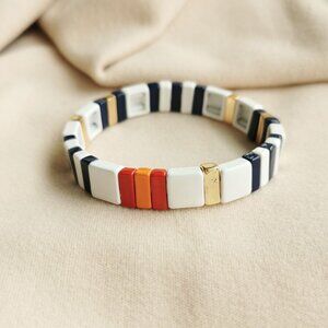 Roxanne Assoulin Gold Project Stripe Navy White Enameled Stretch Bracelet